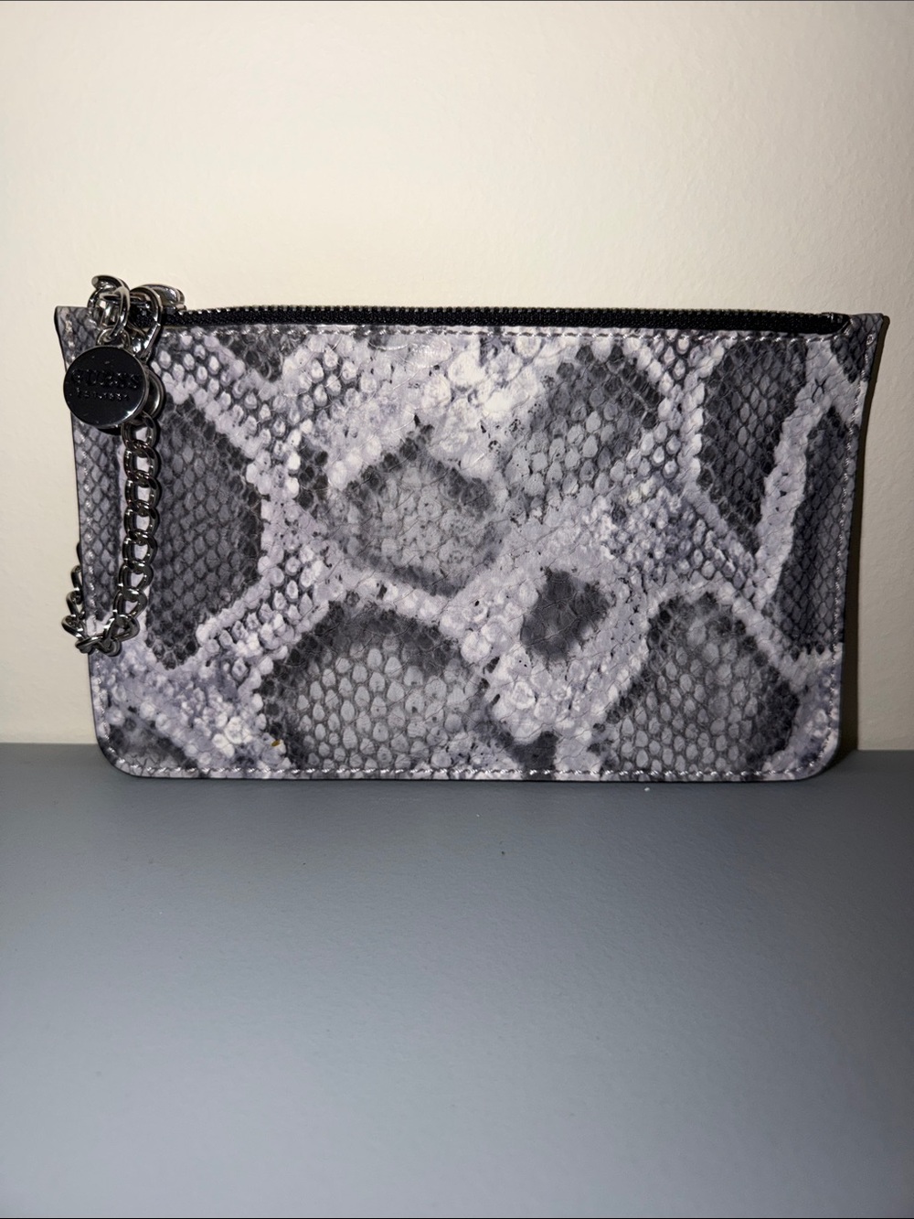 Guess Gray White Snake-Print Zip Pouch with Chain